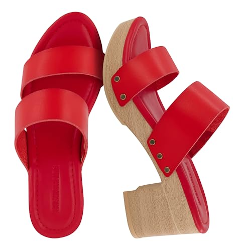 Image of CUSHIONAIRE Sky Platform Sandals for Women, Faux Wood Block Heel Slide with Comfort Foam Footbed and Vegan Leather Straps, Wide Width Available
