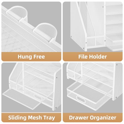 Image of Marbrasse Desk Organizer with File Holder, 5-Tier Paper Letter Tray Organizer with Drawer and 2 Pen Holder, Mesh Desktop Organizer and Storage with Magazine Holder for Office Supplies (Wood-White)