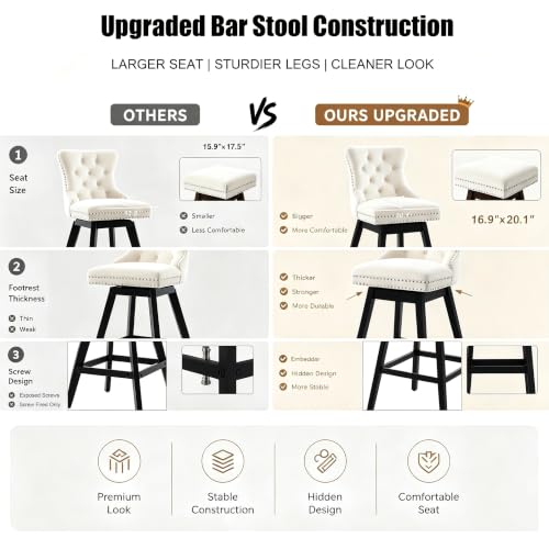 Image of Beige Swivel Bar Stools, Velvet Counter Height Bar Stools Set of 6 | 360 Swivel Bar Chairs, Solid Wood Legs, Upholstered Kitchen Island Stools, Modern Extra Wide Seat (Beige, 30 inch H, 6 Pack)