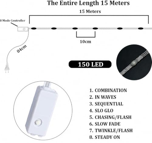 Image of fizzytech Rice Fairy String Lights, 15 Meter Copper Wire Point Control Lights with 8 Flash Modes for Diwali, Christmas, Wedding, Window, Garden & Home Decoration - Blue, 150 LED