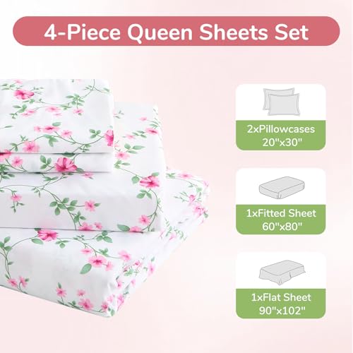 Image of MUXHOMO Queen Size 4 Piece Sheet Set, Soft & Breathable Sheet for Bedroom with Deep Pocket Up to 16 inch, Wrinkle-Free & Cooling Bed Sheet with Flat Sheet, Fitted Sheet & Pillowcases - Pink Vines