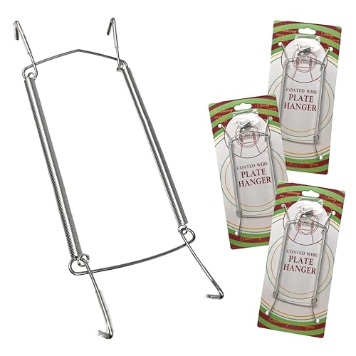 BANBERRY DESIGNS Chrome Vinyl Coated Plate Hanger 8 to 10 Inch - Set of 4 Pcs - Clear Vinyl Sleeves Protect The Plate - Hook and Nail Included