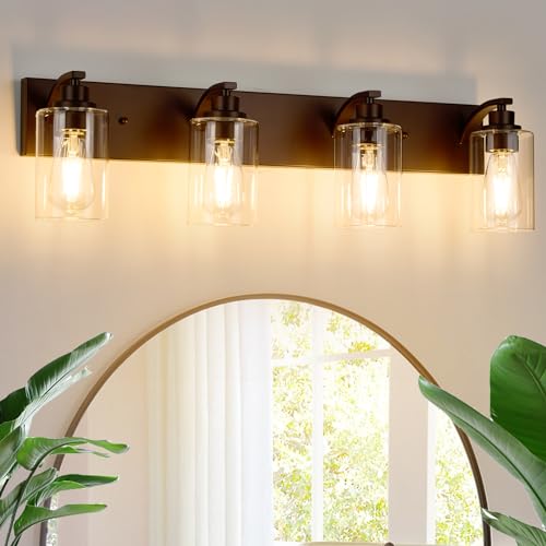 Image of 4-Light Bathroom Light Fixtures Modern ORB Vanity Lights | Easy to Install Clear Glass Shades, Wall Mount Up or Down, E26 Socket, Hardwired, 122V