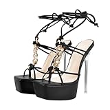 BADDIES Women's Lace Up Platform High Heels Flip Flop Strappy Open Toe Stiletto Heeled Sandals Thong Sexy Clear Acrylic Heels with Rhinestone Chain for Party Black US10