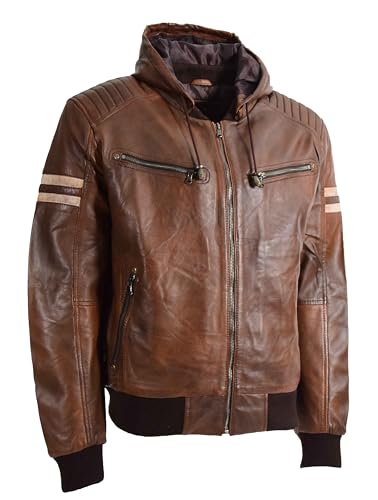 Veste bomber en cuir véritable homme Cognac Bruno avec sa capuche amovible