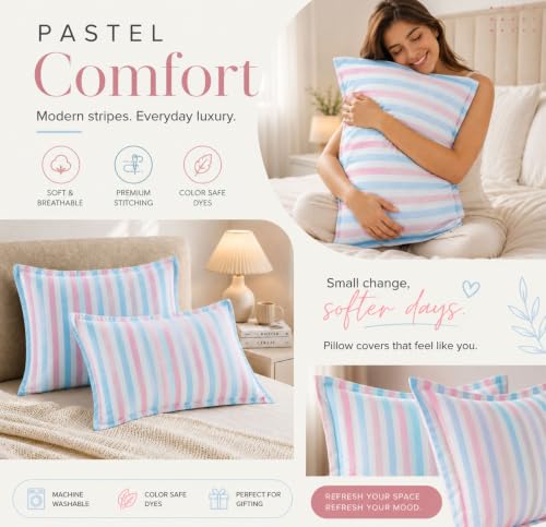 Image of VAS COLLECTIONS Premium 210 TC Cotton Satin Stripe Pillow Cover Set of 2 (18x28 Inches) | Hotel Quality Soft Breathable Pillow Cases | Pillow Covers for Home Hotel Hospital Use, Pink & Blue