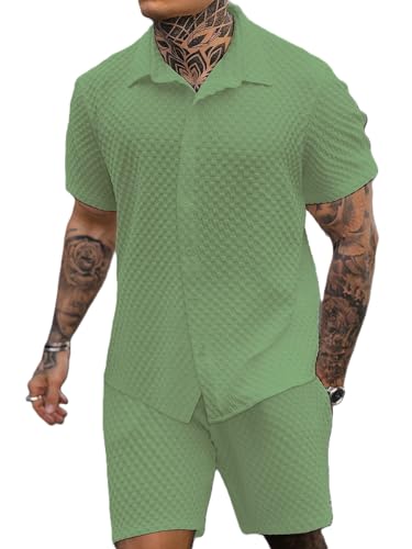 Image of Zilcon Men's 2 Piece Outfit Casual Short Sleeve Button Down Shirt Beach Summer Loose Pant Sets