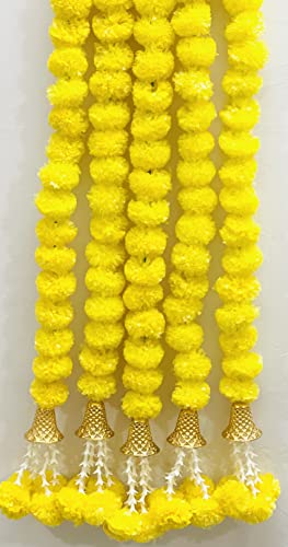 Image of Sphinx Artificial Marigold Fluffy Flowers Garlands for Decoration - Pack of 5 (Clustered Yellow Marigolds, offwhite tuberoses with Bells)