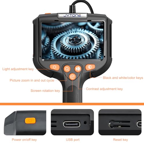 Image of Borescope with Light, 4.3-Inch HD Display, 5.5mm Lens, 6.6 ft, Black | IP67 waterproof protection, six dimmable LEDs, over 4-hour rechargeable battery, hook, magnet, and side-mirror accessories