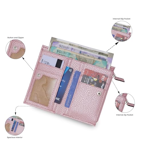 Image of Caprese Monique Small Textured Bifold Wallet for Women | Compact Handheld Purse with 6 Card Holder Slots | Slim Designer Wallet with Secure Snap Button & Zippered Coin Pocket (Soft Pink)