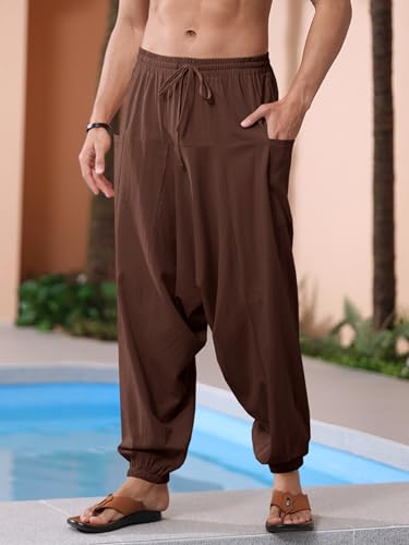 Runcati Calça masculina harém folgada, hippie, casual, algodão, linho, boho, ioga, praia, caia, viri