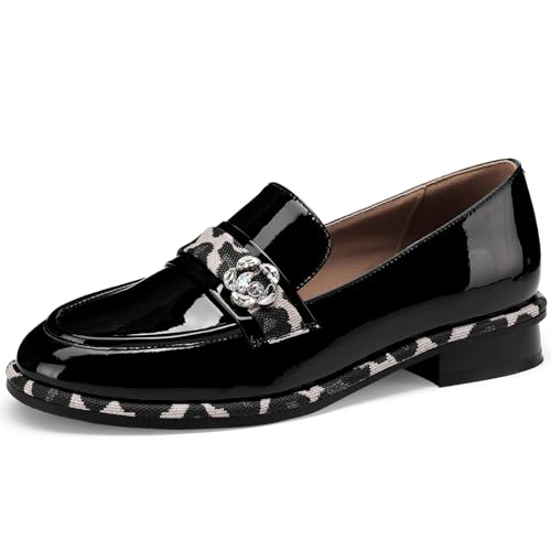 Image of Loafers for Women Patent Leather Buckle Square Toe Chunky Block Dress Slip On Wide Casual Comfortable Dressy High Heels Ladies Comfort Moccasins Elegantes 2 Inch Shoes