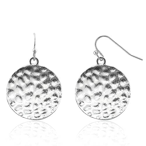 Silver Round Disc Dangle Drop Earrings, 925 Sterling Silver Geometric