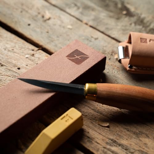 Image of Flexcut Wood Carving Tools | 8 inch x 2 inch Leather Knife Strop with 1 Ounce Bar of Flexcut Gold Polishing Compound for Polishing and Buffing | PW14 | Made in the U.S.A.