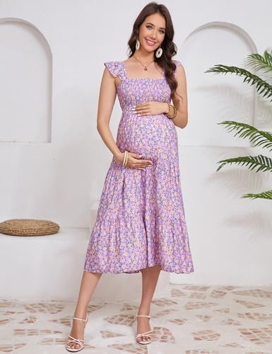 Image of KOJOOIN Womens Maternity Dress Summer Sleeveless Smocked Square Neck Ruffle Casual Boho Midi Dress Baby Shower Photoshoot