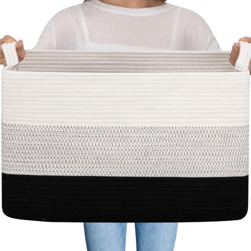 Image of OIAHOMY Large Blanket Basket, 65L Cotton Rope Woven Laundry Basket, Toy Bin for Baby Room, Container for Blanket Storage in Living Room, 20''x16''x12'', Gradient Black