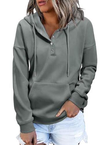 heekpek Sudadera con Capucha Mujer Cuello V de Botones Sudadera Mujer Invierno Fleece Casual Suelto Hoodie Sweatshirt Mujer con Bolsillo, Gris, M
