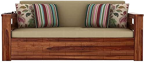 Image of Mamta Furniture Solid Sheesham Wooden 3 Seater Sofa Cum Bed with Storage for Living Room Furniture with Mattres - Natural Finish