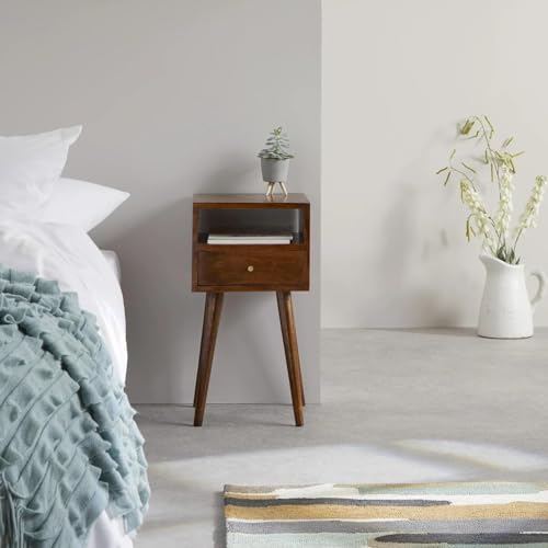 Image of CRAFT D ARTS Solid Wood Bedside Table for Bedroom| Wooden Bedside Nightstand Table with 1 Drawer & Open Shelf Storage | Modern End Table for Home & Living Room, Dark Natural Finish