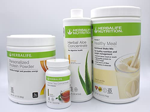 HERBALIFE FOUR COMBO FORMULA 1 (French Vanilla 750g) Healthy Nutritional Shake Mix-HERBAL ALOE CONCENTRATE PINT 473ml-PERSONALIZED PROTEIN POWDER 360g and HERBAL TEA CONCENTRATE 51g