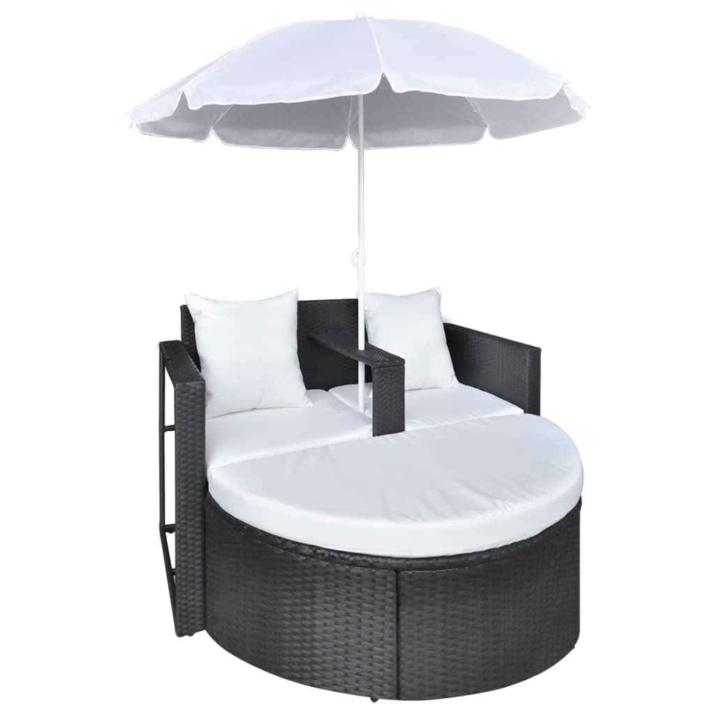 Lit de jardin avec parasol, marron en polyrotin, île de salon, chaise longue avec repose-pieds amovible et coussin lavable pour terrasse, balcon, piscine