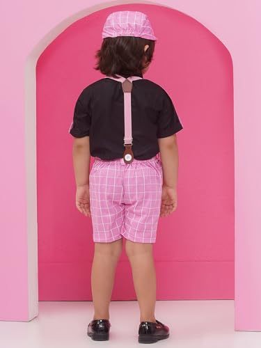 Image of AJ DEZINES Kids Clothing Cotton Blend Checkered Printed Shirt Shorts With Cap and Suspenders Set for Boys
