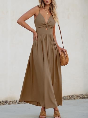 Image of CUPSHE Women Casual Dress Beach Sleeveless V Neck Summer Cutout Spaghetti Straps Formal Maxi Sun Dresses