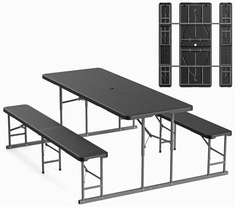 VINGLI Folding Picnic Table and Bench Set, Portable Outdoor Dining Furniture for Camping, Patio, Backyard, Wood Grain Plastic Top with Metal Frame (Black)