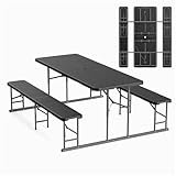 VINGLI Folding Picnic Table and Bench Set, Portable Outdoor Dining Furniture for Camping, Patio, Backyard, Wood Grain Plastic Top with Metal Frame (Black)