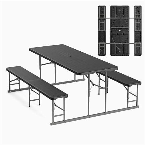 VINGLI Folding Picnic Table and Bench Set, Portable Outdoor Dining Furniture for Camping, Patio, Backyard, Wood Grain Plastic Top with Metal Frame (Black)