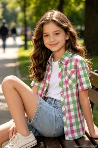 Image of SANGTREE Girls Women Plaid Shirt Short Sleeve Button Down Summer Blouses