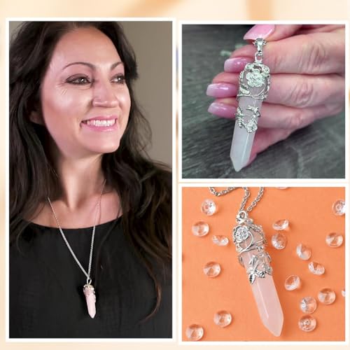 Shop LC Real Natural Pink Rose Quartz Necklace for Women 24" with Lobster Clasp - Healing Crystal Necklaces for Women with Flower Wrapped Pendant Rose Quartz Jewelry Birthday Mothers Day3