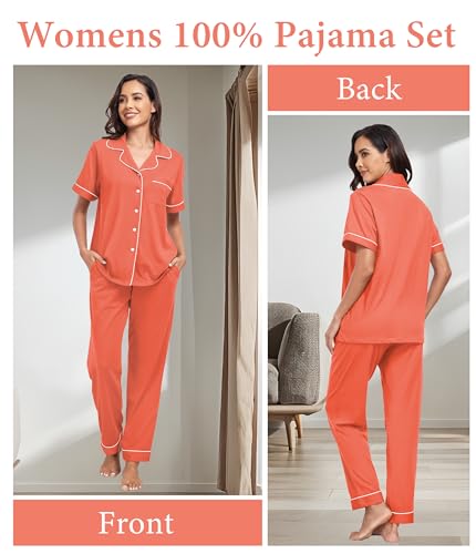 Image of CF Womens 100% Cotton Pajamas Set Button Down Pjs Sets Short Sleeve Top & Long Pants Sleepwear Comfy Loungewear with Pockets