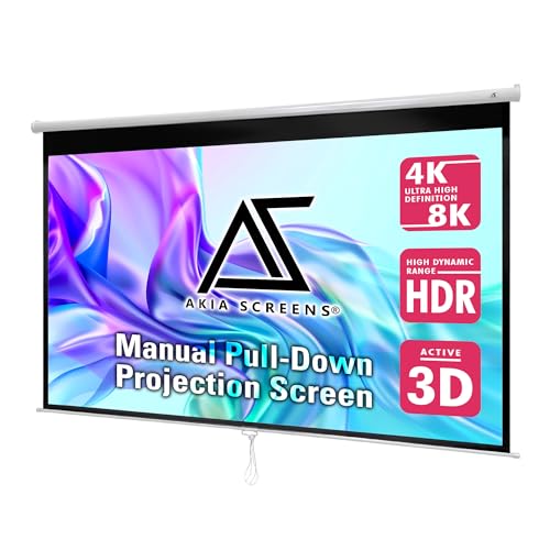 Image of Akia Screens 100 Inch Pull Down Projector Screen, Manual Retractable 16:9, 8K / 4K HD & 3D Ready, Ceiling or Wall Mount, Auto Locking White Indoor Projection Screen for Home Theater, Office, AK-M100H1