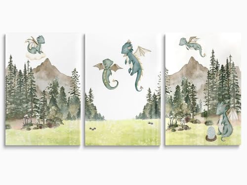 Image of Green Baby Dragon Nursery Wall Decor, Dragon Egg Nursery Print for Baby Boy's Bedroom, Woodland Forest Mountain Wall Art, Nature Animal Art for Kids Room Decor, Framed Set of 3 Canvas, 12"x16"x3