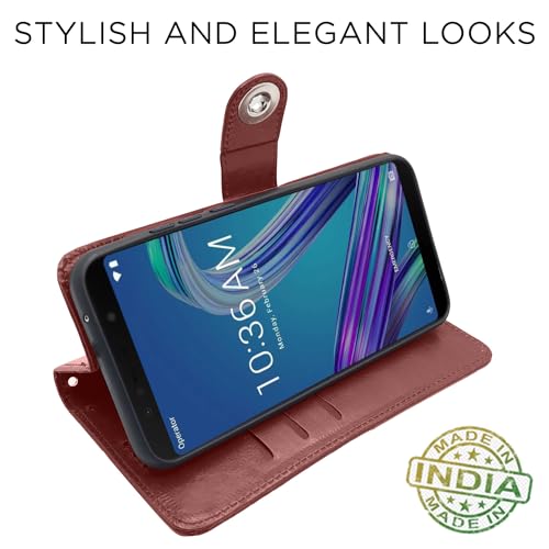 Image of Pikkme Asus Zenfone Max Pro M1 Flip Cover Leather Finish | Inside TPU with Card Pockets | Wallet Stand and Shock Proof | Complete Protection Flip Case (Button Brown)