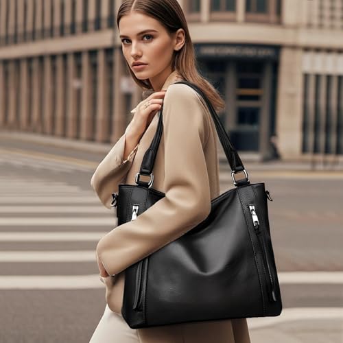 Image of Women PU Leather Tote Bag, Black Handbag Shoulder Hobo Purse Large Crossbody Bag Ladies Bucket Wallet Set 2pcs for Shopping