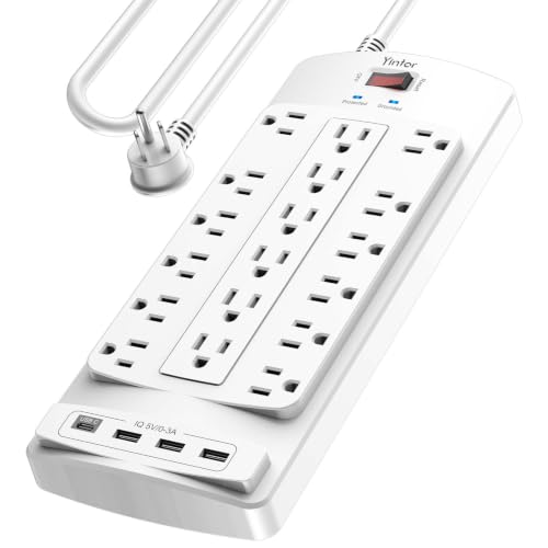 Image of Surge Protector Power Strip, Yintar 10 Feet Flat Plug Heavy Duty Extension Cord with 18 Widely Outlets and 4 USB Ports, 2100 Joules, ETL Listed, White