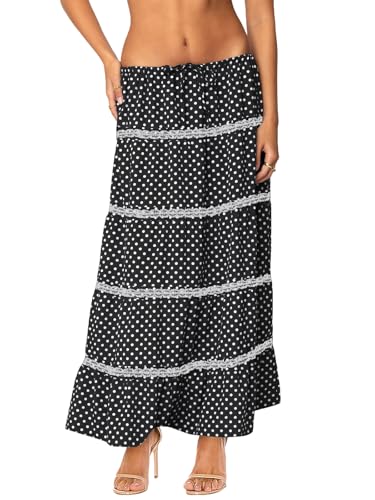 Women's Elastic High Waist Flowy Long Maxi Skirt Lace Crochet Summer Print Pleated Tiered Skirts