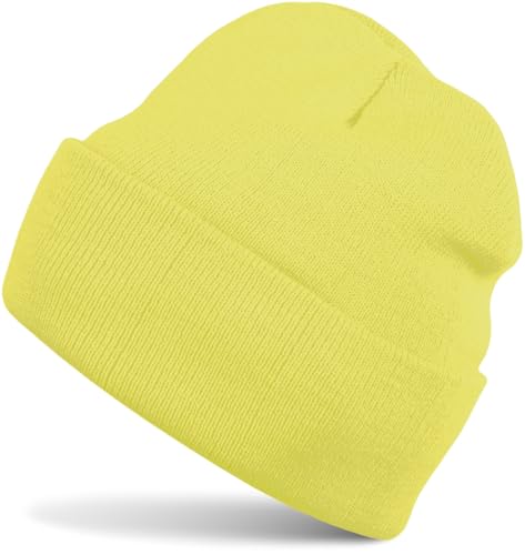 styleBREAKER Unisex Beanie Mütze einfarbig | Klassische Feinstrick Winter Strickmütze mit breitem Umschlag | Elastische Beanie in vielen Farben für Damen und Herren, Farbe:Gelb