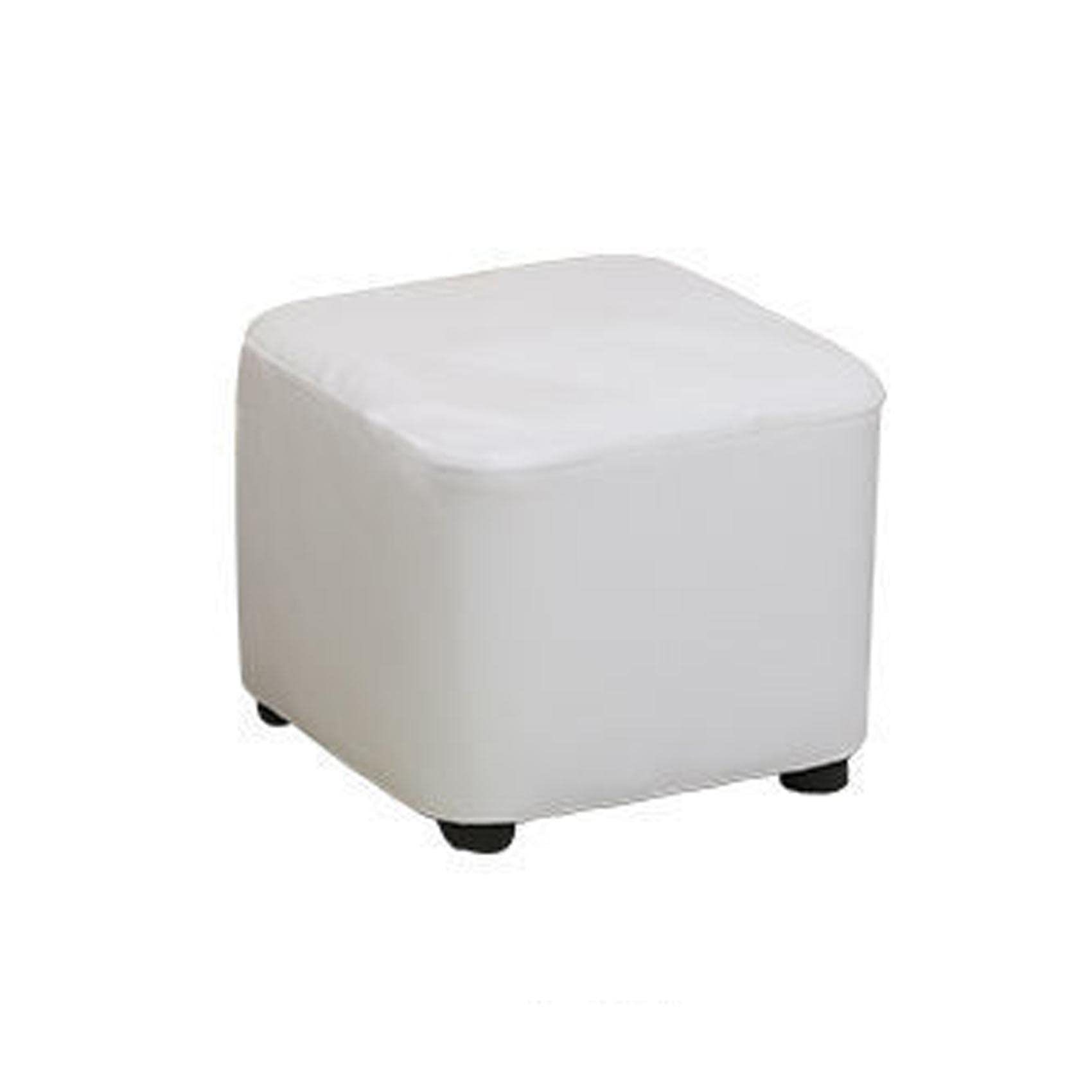 Tabouret bas blanc 30x30x30 cm, pouf assise bois massif et cuir huilé