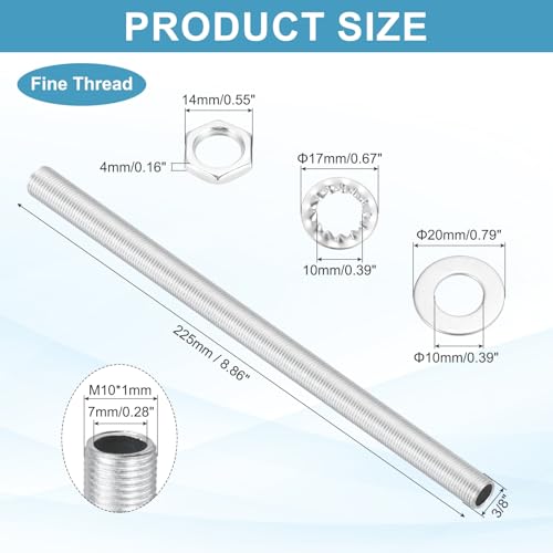 Image of MECCANIXITY 21Pcs 8.9 inch Lamp Pipe Nipples Kit with Hex Nuts Washers, M10 Fine Threaded Hollow Tube Repair Hardware Fasteners Assortment for Assembly Chandelier Ceiling Lamp DIY, Silver