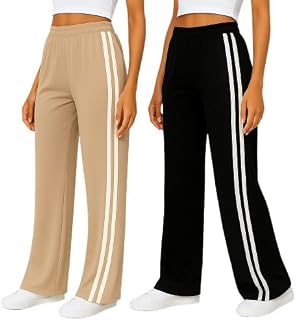 Women's High Waist Wide Leg Track Pants, Side Stripe Athletic Trousers, Khaki and Black, Comfortable Stretchable Casual Bo... Price In India