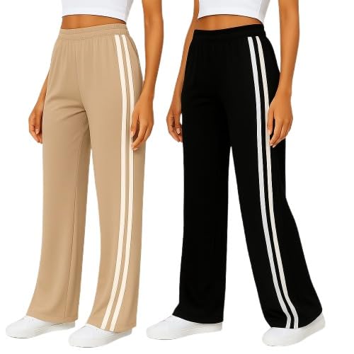 Women's High Waist Wide Leg Track Pants, Side Stripe Athletic Trousers, Khaki and Black, Comfortable Stretchable Casual Bottoms-picture-36