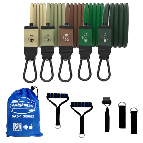 Image of Bodylastics Patented Basic Series Resistance Band Set - Resistance Bands with Snap Reduction Tech, 2 Handles, 2 Ankle Straps, 1 Door Anchor & 1 Carry Bag