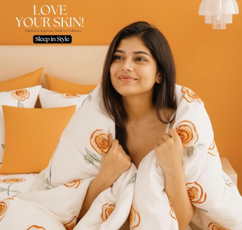 Image of SANMARINO 210TC Cotton King Size Bedsheet with 2 Pillow Covers | Premium Floral Print Design Flatsheet |Ultra Soft Breathable Skin Friendly Bedding Set for All Season Use 90 x 100 Inch,Peach Blossom
