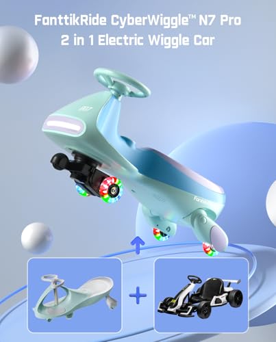 FanttikRide N7 Pro Electric Wiggle Car with Pedal, Rechargeable Battery, CyberWiggle, 2 in 1 Swing Car, 2 Speed, Anti-Rollover, Flashing Wheels, Bluetooth, for Ages 3 and Up, 150 Lbs, Glacier Blue