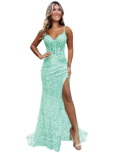 Sparkly Sequin Mermaid Prom Dresses 2025 V Neck Glitter Applique Evening Gown for Women Formal with Slit WO069