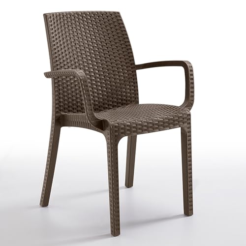 Sicignano | Sedia Poltrona Indiana Marrone Plastica Rattan 59x57x86h cm - Impilabile, Resistente agli UV, Facile da Pulire, Arredo Interno Esterno Bar Pub Giardino Terrazzo, Made in Italy