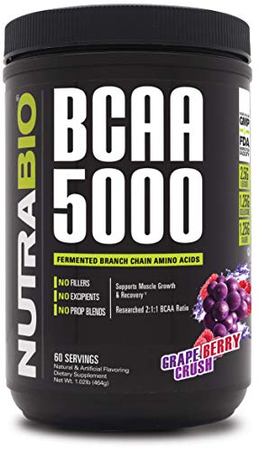 NutraBio BCAA 5000 Powder - Vegan Fermented BCAAs - Supports Lean Muscle Growth, Recovery, Endurance - Zero Fat, Sugar, and Carbs - 60 Servings - Grape Berry Crush